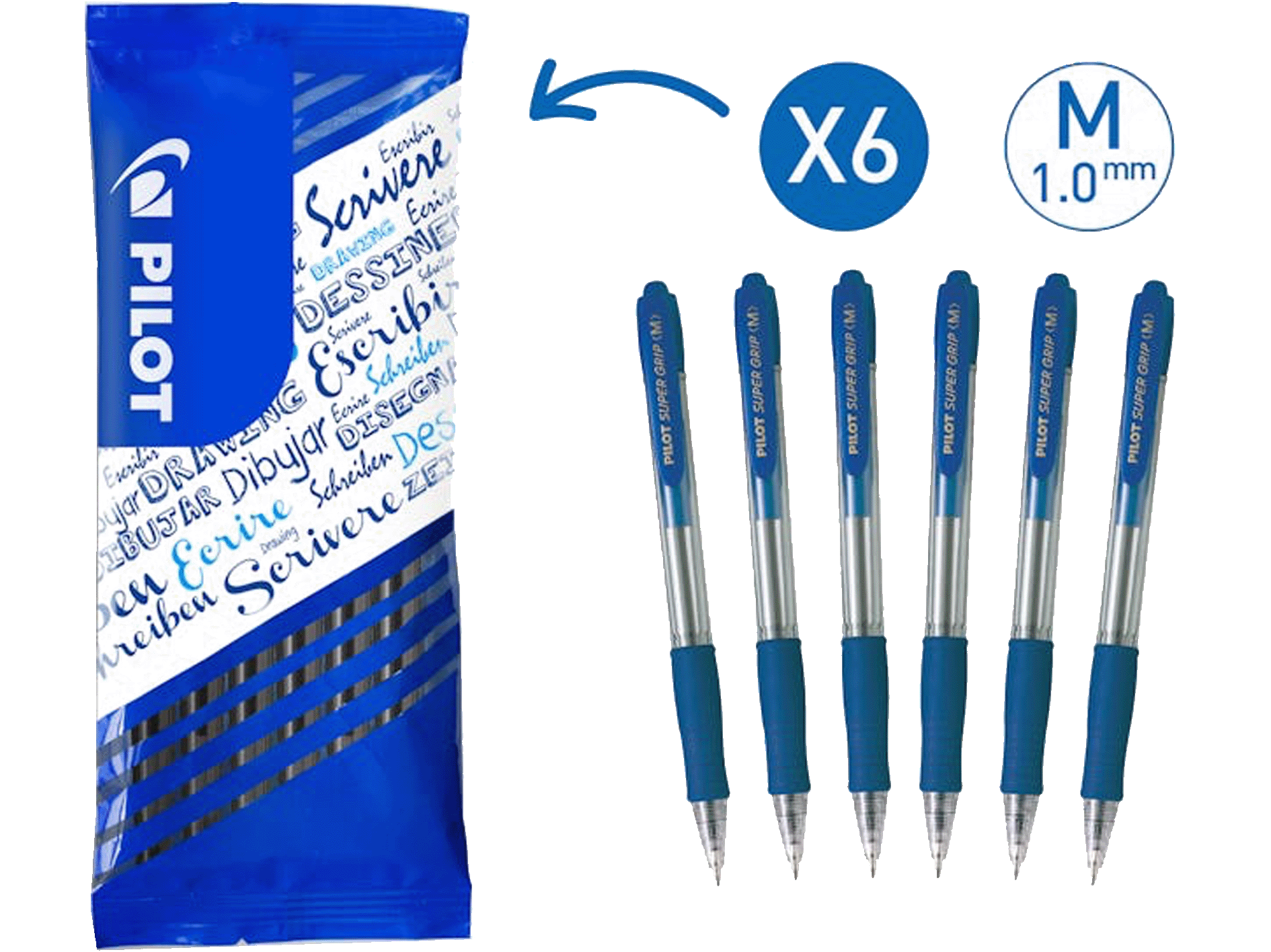 Pilot Super Grip Intrekbare Balpen Medium Blauw - 6 stuks