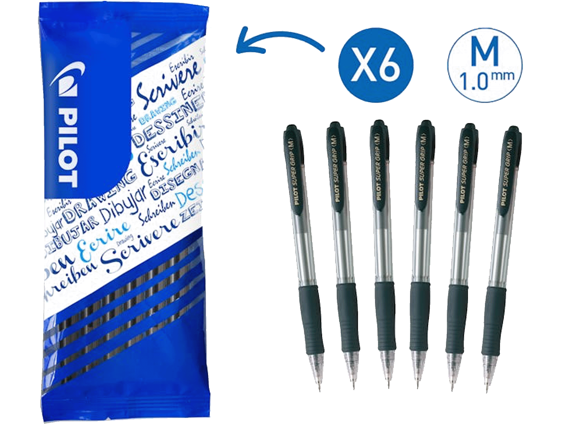 Pilot Super Grip Intrekbare Balpen Medium Zwart - 6 stuks
